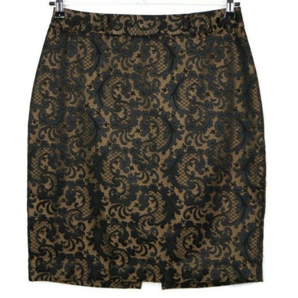 Worthington Pencil Straight Skirt‎ Black Gold Jacquard Damask Lined 10